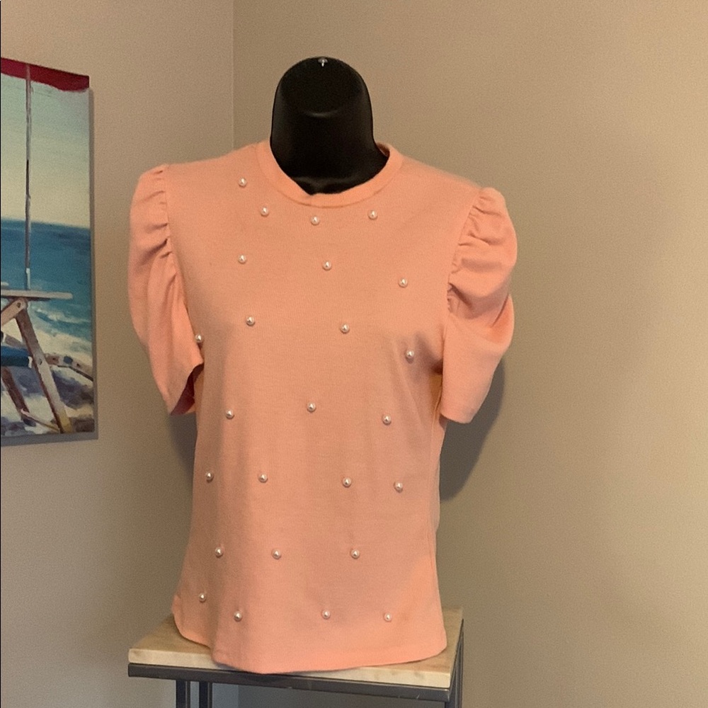 Elegant Peach Puff Sleeve Top with Pearl Accents